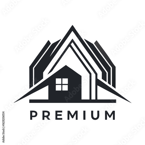 Modern House Logo Design on Black Background. A clean minimalist logo featuring a stylized house graphic