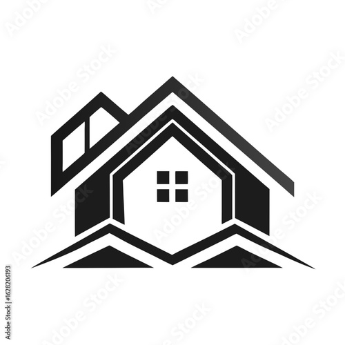 Modern House Logo Design on Black Background. A clean minimalist logo featuring a stylized house graphic