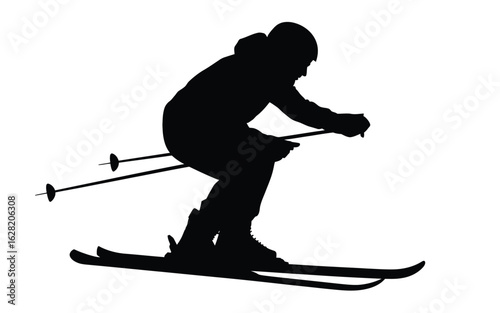 Vector art of silhouette of a skier in action, isolated on white background, skiing downhill in winter