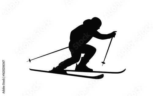 Vector art of silhouette of a skier in action, isolated on white background, skiing downhill in winter