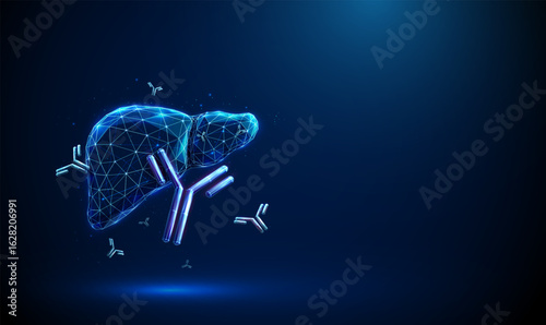 Human liver with flying antibodies. Concept of autoimmune liver disease, immunotherapy, monoclonal antibody treatment, hepatology-related biologic medicine.