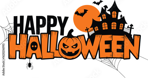 Spooky Happy Halloween Vector Illustration with Jack-o?-Lantern Pumpkin, Haunted House, Spider Web, Bats & Party Invitation Banner