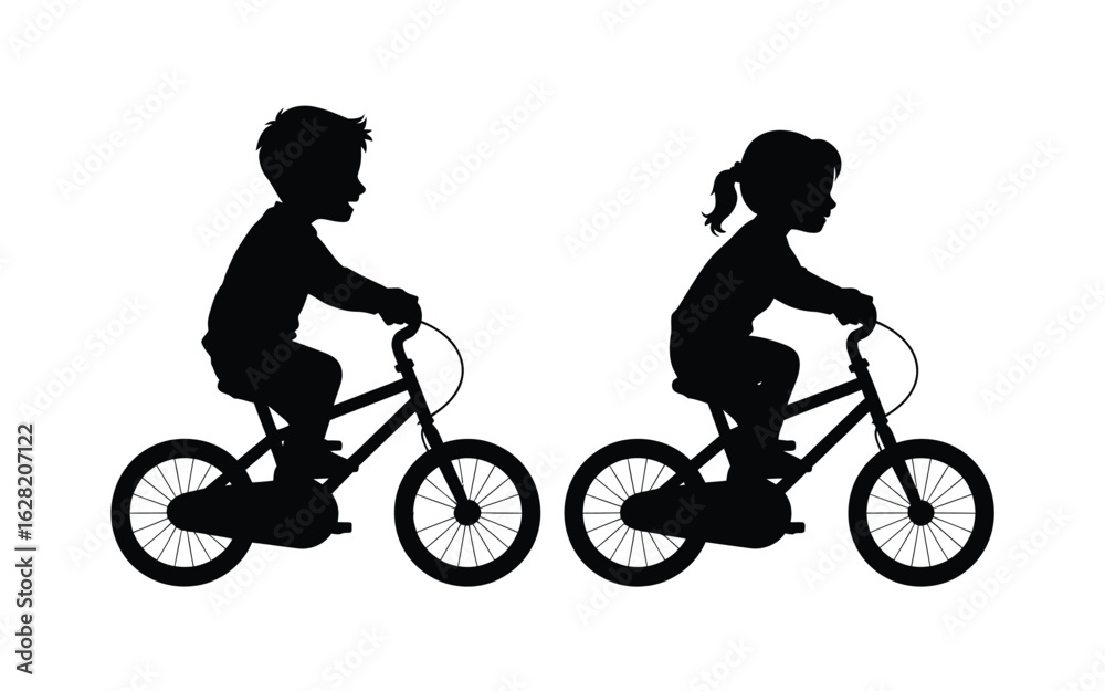 Fototapeta premium Vector art of silhouette of a boy and girl riding bicycles, isolated on white background