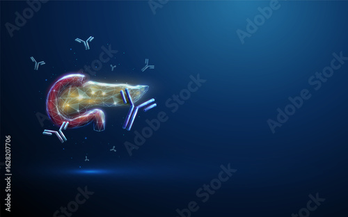 Human pancreas with flying antibodies. Concept of autoimmune pancreatitis, type 1 diabetes, immunotherapy, monoclonal antibody treatment