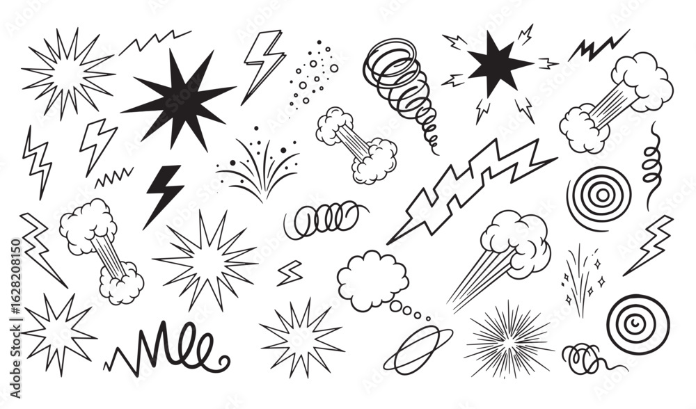 Naklejka premium Hand drawn set of comic book explosion effects and various design elements vector art