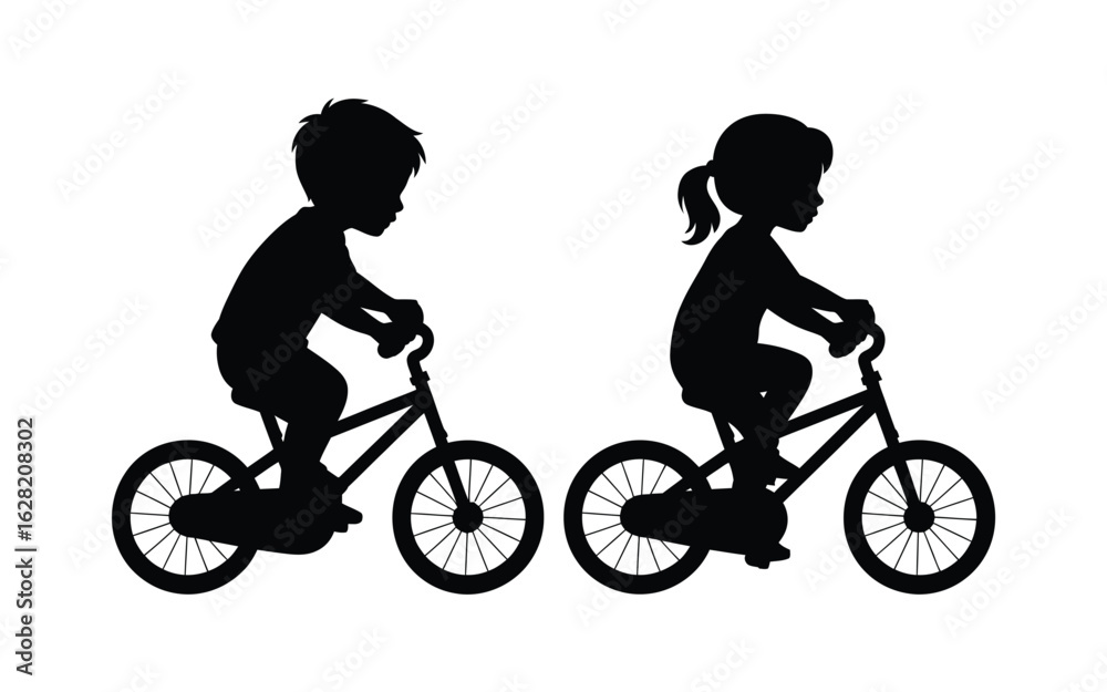 Fototapeta premium Vector art of silhouette of a boy and a girl riding bicycles isolated on white background