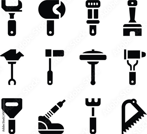 Collection of Black Tool Icons on White Background hardware implement