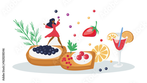 Illustration of a woman juggling berries standing on a toast with caviar next to a cocktail glass and fruit