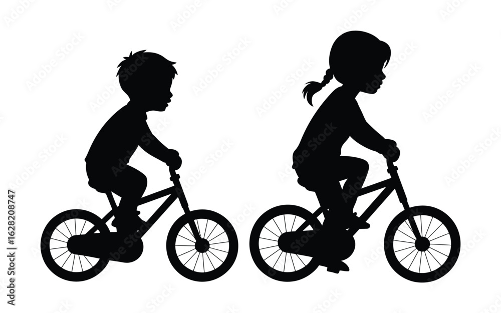 Fototapeta premium Vector art of silhouette of a boy and girl riding bicycles isolated on white background