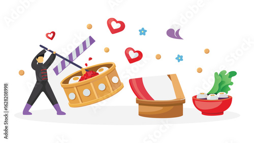 Man holding clapperboard with dim sum basket and food bowl with hearts and stars around it