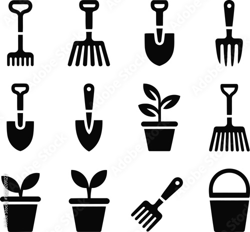 Gardening Tools And Plants Icons Black And White Collection horticulture