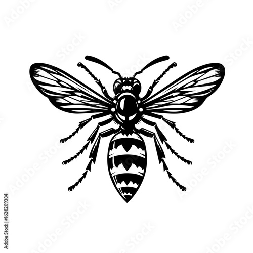 Wasp isolated on white background in vintage style with striped abdomen