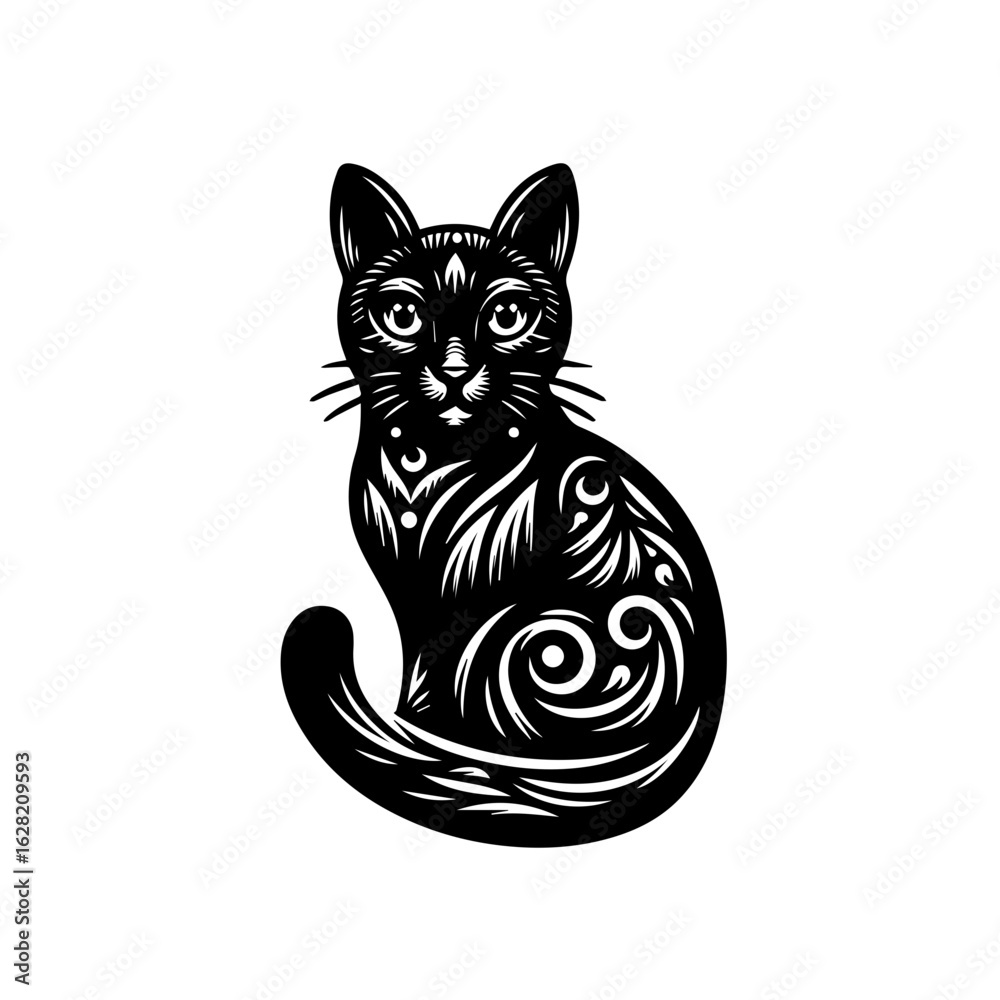 Obraz premium Black cat with decorative pattern isolated on white background