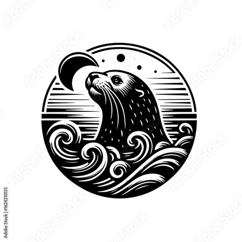 Illustration of an otter in water under the moon, isolated on white background