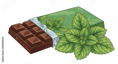 Illustration of a chocolate bar with opened foil wrapper and mint leaves on a green wrapper design