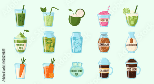 Illustration featuring a variety of refreshing beverages including smoothies and iced drinks in different glasses