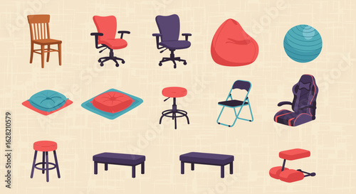 Various types of chairs and seats including office chairs stools and beanbags are displayed here nicely