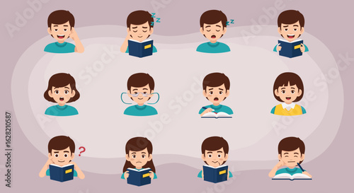 Illustrative depiction of various students showcasing diverse emotions and activities while studying hard work