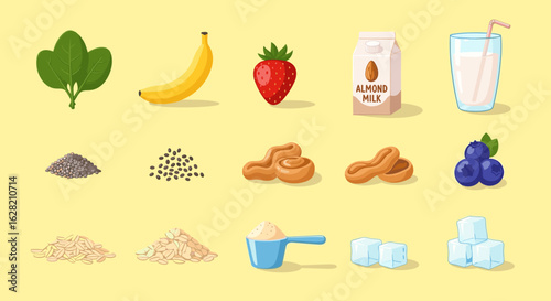 Illustration of smoothie ingredients including spinach, banana, strawberry, and almond milk on yellow background