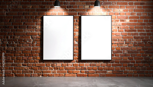 Two blank posters stand out against a rustic, industrial brick wall, illuminated by soft spotlights from above. This realistic setting creates a gallery or exhibition feel, perfect for graphic designe