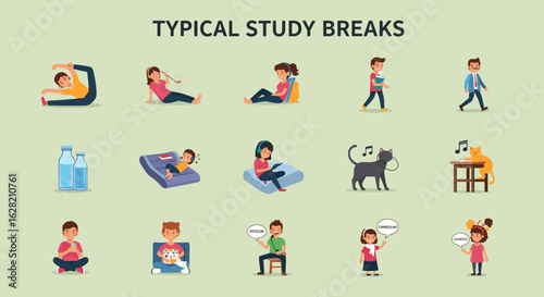 Illustration showing various activities people do during typical study breaks at different times of the day
