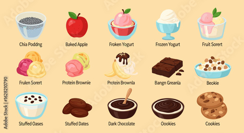 Illustration showing a variety of desserts including chia pudding baked apple and several other sweets