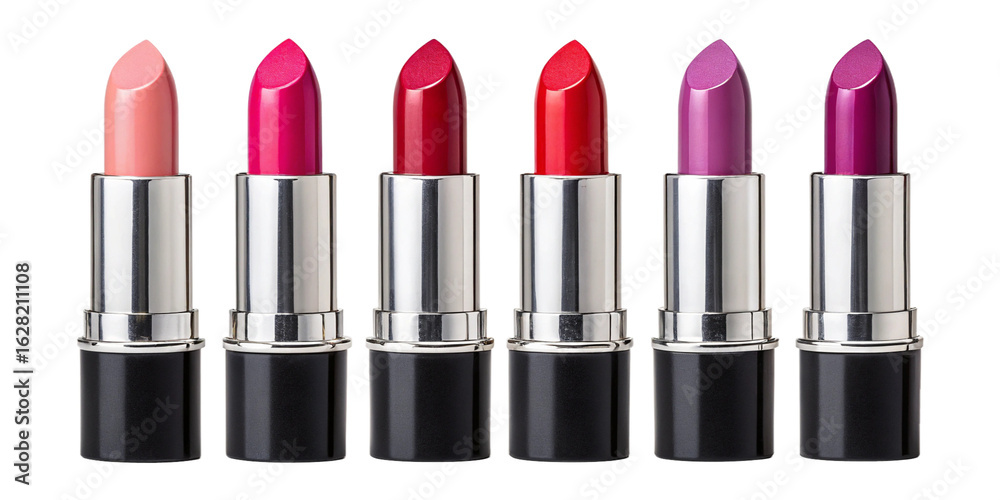 Obraz premium Vibrant Lipstick Collection in Sleek Black Tubes on Transparent Background Elegant Display of Pink, Red, and Purple Lipsticks for Beauty Advertising