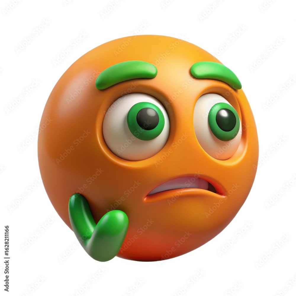 Fototapeta premium Worried orange emoji with green eyebrows and hands isolated on white background