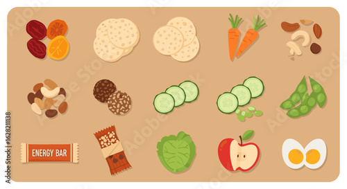 Assortment of healthy snacks including fruits vegetables nuts and energy bars on a brown background