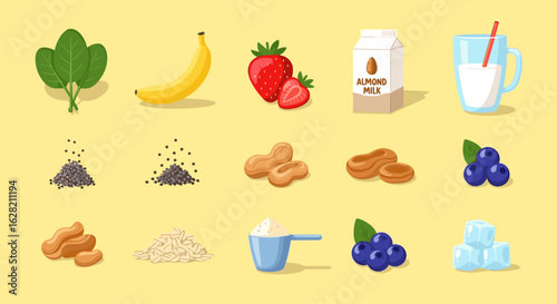 Illustration of smoothie ingredients including spinach, fruit, nuts, and almond milk arranged nicely