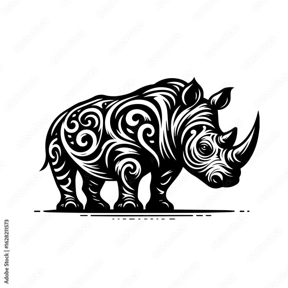Obraz premium Illustration of a rhino isolated on white background in black and white style
