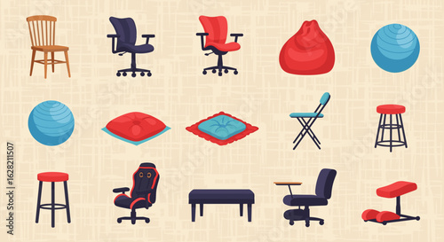 Illustration showcasing a variety of seating options including chairs stools and cushions in multiple styles