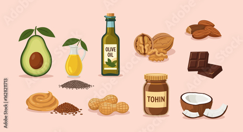 Illustration showing various healthy fats including avocado nuts seeds and oils on a light background