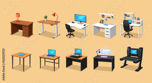 Isometric view of various desks with computers, lamps, and accessories placed on a beige background