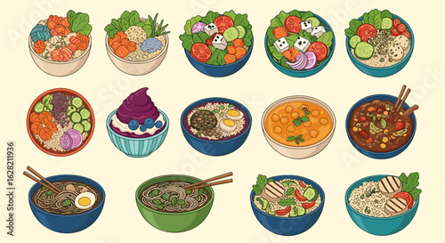 A collection of fifteen bowls filled with various foods including salads, soups, and desserts displayed
