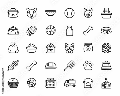 Collection of pet care and accessory icons featuring dogs cats and various pet supplies