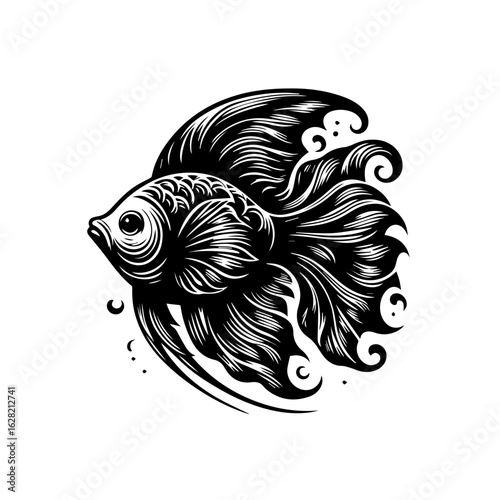 Illustration of a betta fish isolated on white background in black and white