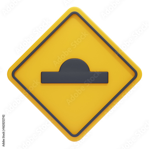 Yellow road bump sign warning safety speed hump traffic caution 3d rendering