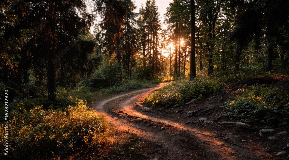 Fototapeta premium Golden sunlight streams through a winding forest path