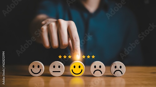 Customer satisfaction rating with happy face and stars, excellent feedback and service experience