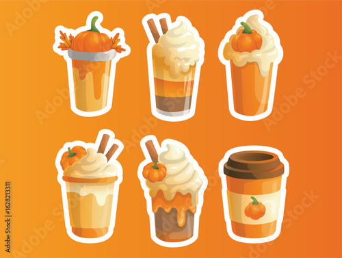 Fall coffe drink, Pumpkin spice latte vector sticker