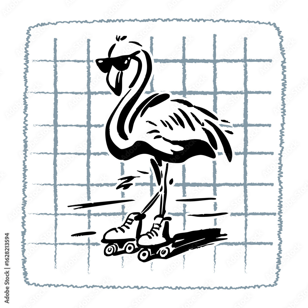 Fototapeta premium A hand-drawn doodle illustration of a flamingo wearing sunglasses and roller skating. Perfect for summer-themed designs, children’s illustrations, lifestyle branding, and creative cartoon-style visual