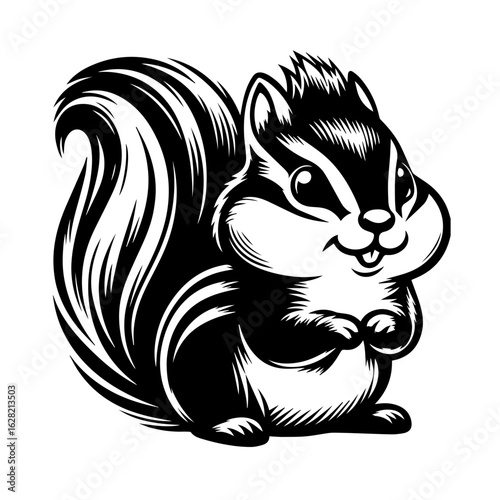 Cute chipmunk with striped fur and bushy tail isolated on white background