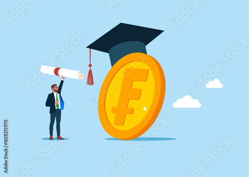 Big Swiss Franc coin wearing academic graduation mortarboard hat. Payment for education. Tuition fees, scholarship. Businessman student with diploma. Vector illustration