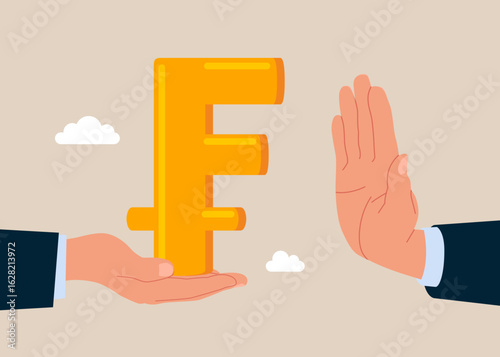 Symbol Swiss Franc on hand. Anti corruption scene with illegal bribe money transfer. Flat vector illustration