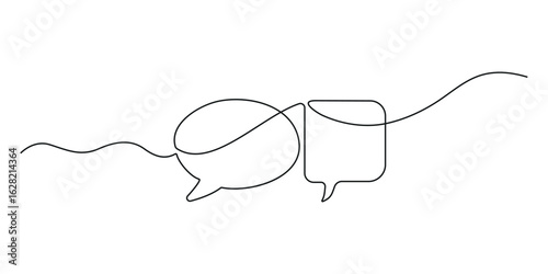 Simple continuous line drawing of two chat bubbles showing communication. Perfect for messaging app icons, social media, and creative illustrations.