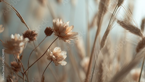 Delicate, dried blossoms and grasses in soft, muted tones