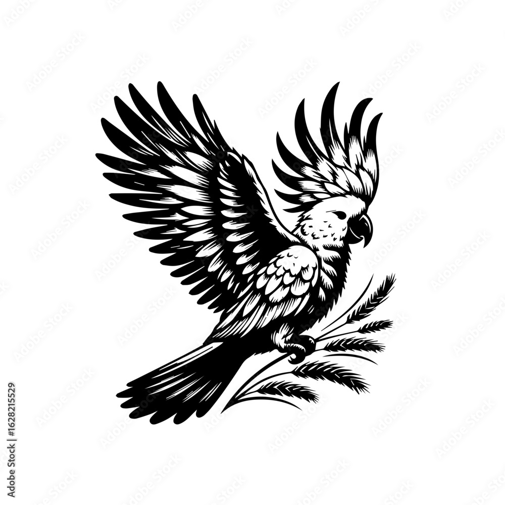 Obraz premium Elegant cockatoo parrot with spread wings illustration.