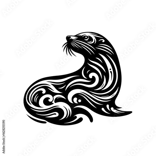 Elegant sea lion logo with decorative swirls.
