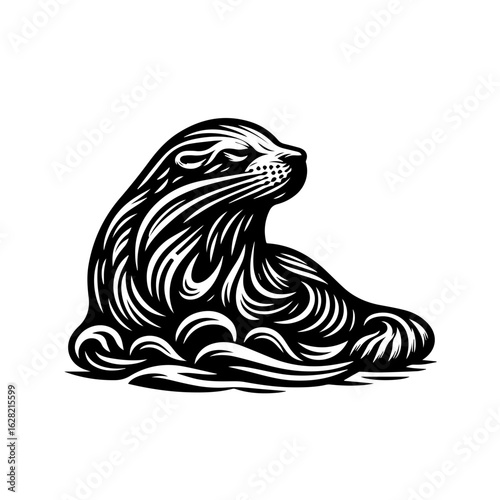 Elegant sea lion in a stylized black and white illustration.